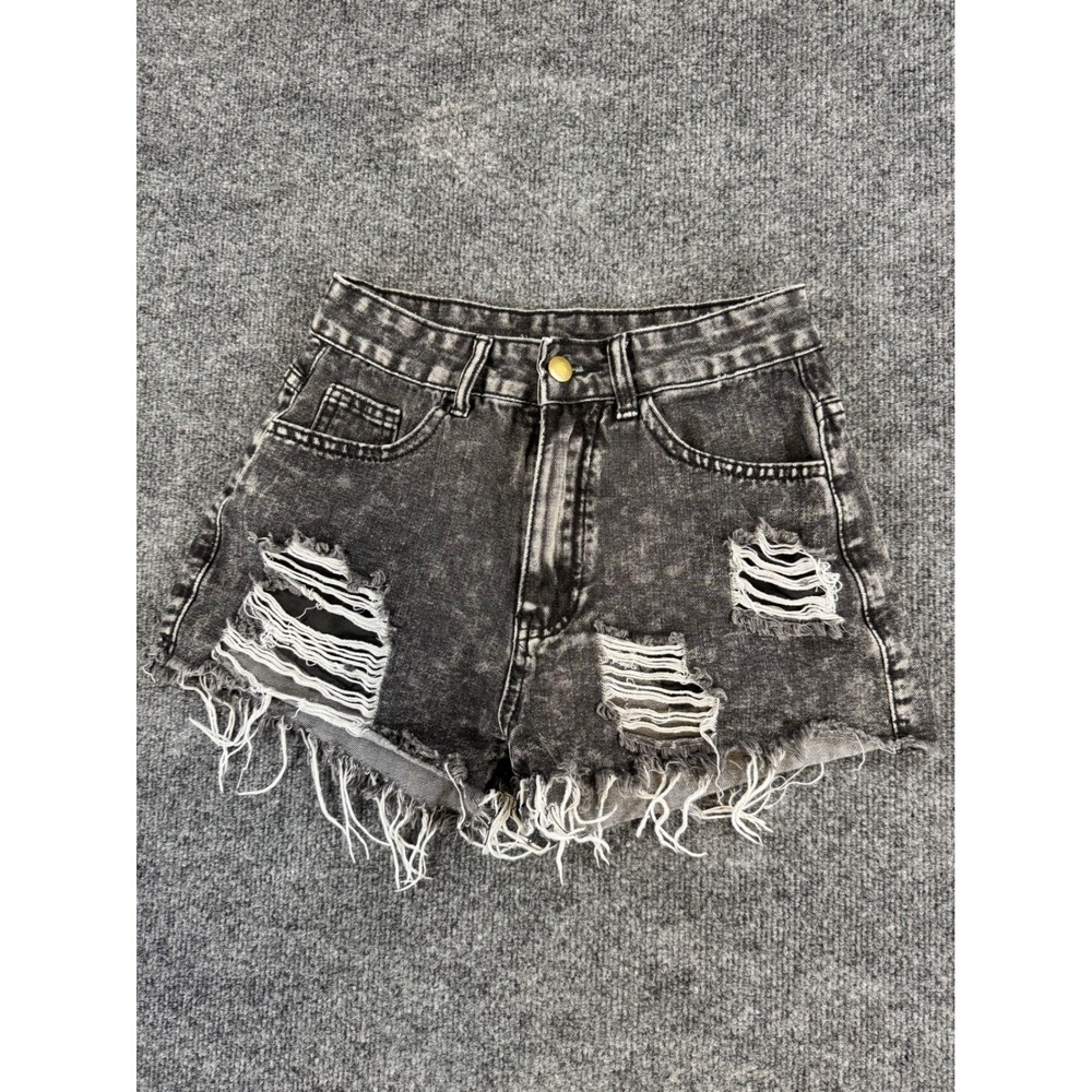 Acid Wash Black Distressed Denim‎ Shorts High Waisted Frayed Hem XS